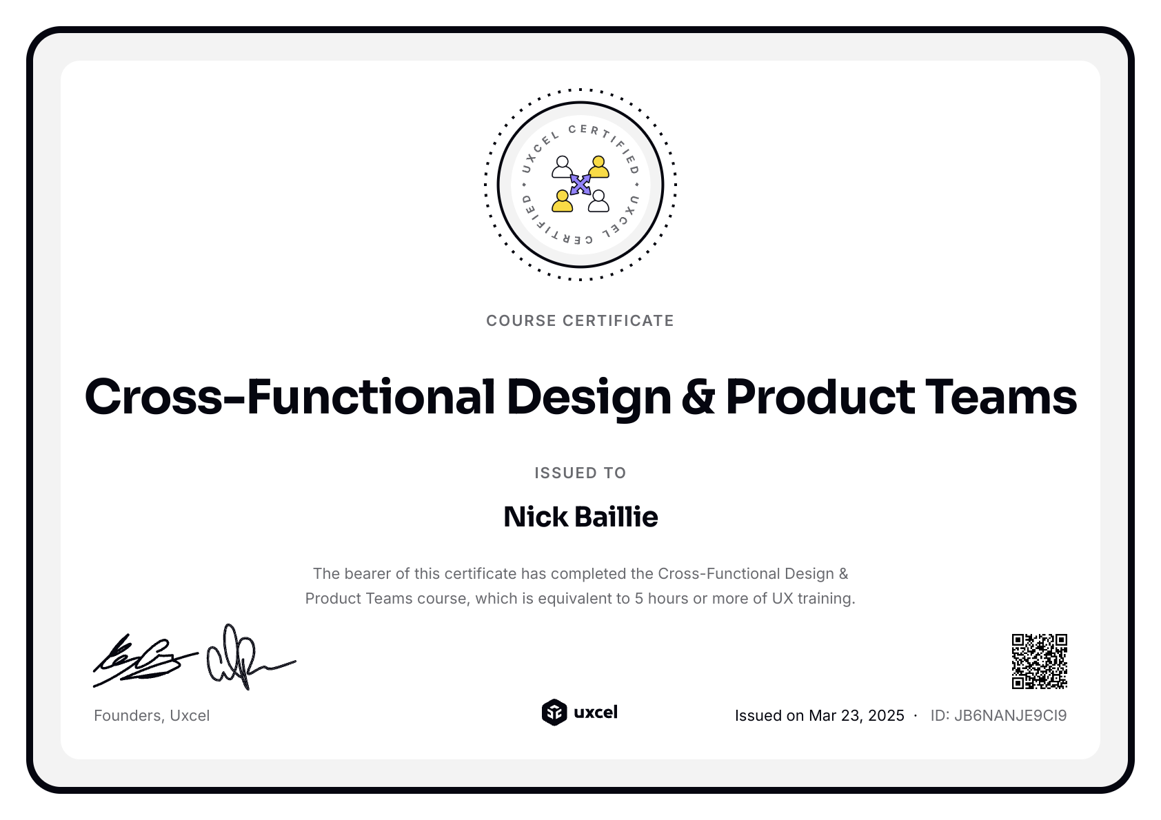 Nick Baillie's certificate